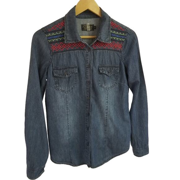 Ci Sono Blue Denim Jeans Top Red Blue Green Embroidered Size S - Picture 1 of 6